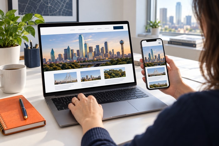 Business owner comparing a homepage skyline photo on a laptop and smartphone