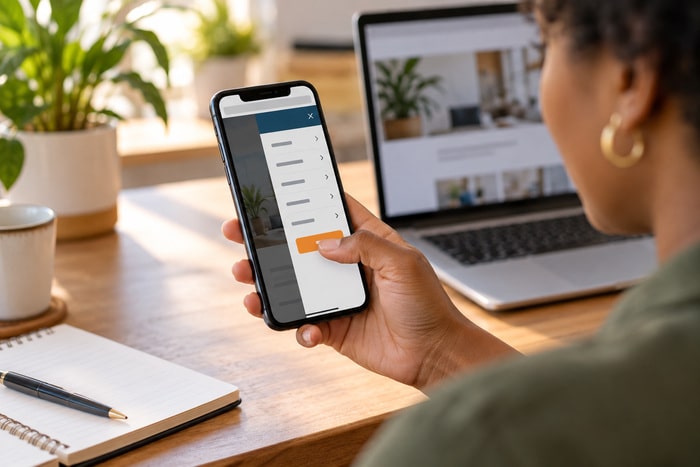 Small-business owner testing an expanded website navigation menu on a smartphone with one thumb.