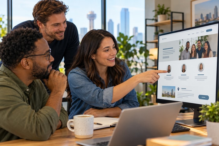 Diverse small-business team reviewing an About page with authentic photographs, staff profiles, company information, and a contact option.