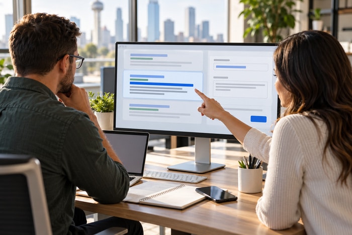 Small-business owner and web designer reviewing website title and description fields beside generic search-result previews.