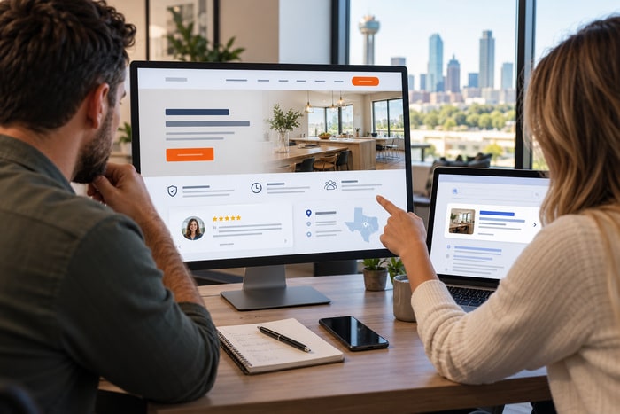 Small-business owner and web designer reviewing a service page with benefits, customer proof, service area, and contact action.