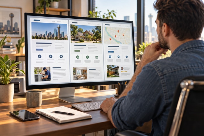 Web designer comparing three locally focused service-area webpage layouts on a large monitor.