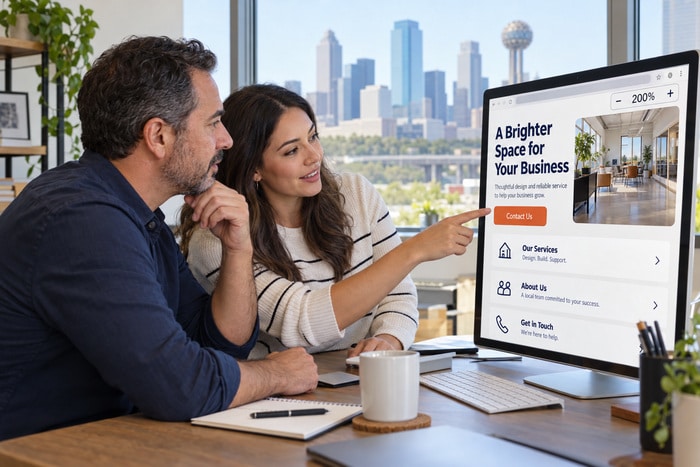 Business owner and web designer reviewing a website enlarged to 200 percent zoom on a desktop monitor.