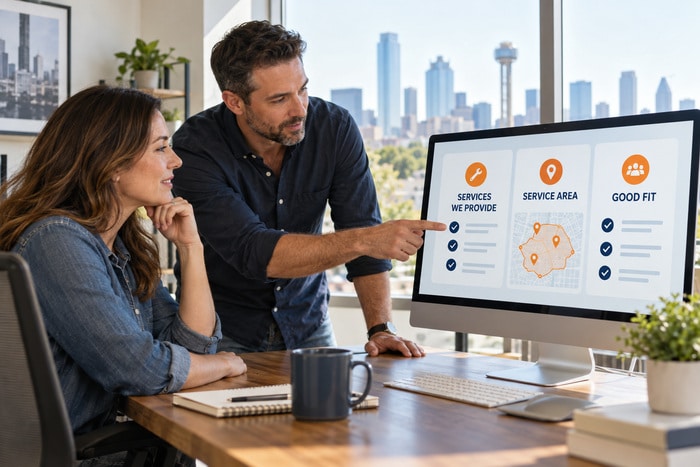 Small-business team reviewing a website page that clearly separates services offered, service boundaries, and next steps.