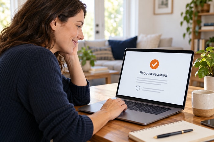Customer viewing a request-received confirmation on a laptop