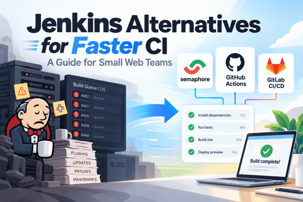 Jenkins alternatives for faster CI, comparing Semaphore, GitHub Actions, and GitLab CI/CD for small web development teams.