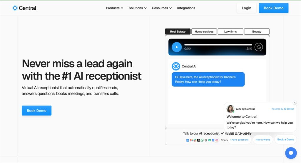 Central AI receptionist homepage