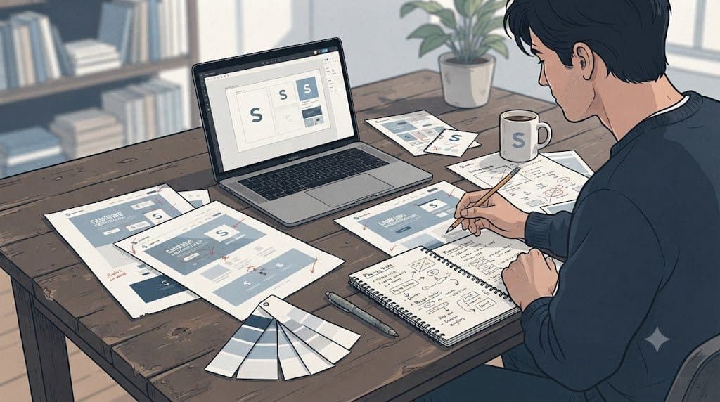 Designer reviewing campaign layouts and taking notes beside a laptop