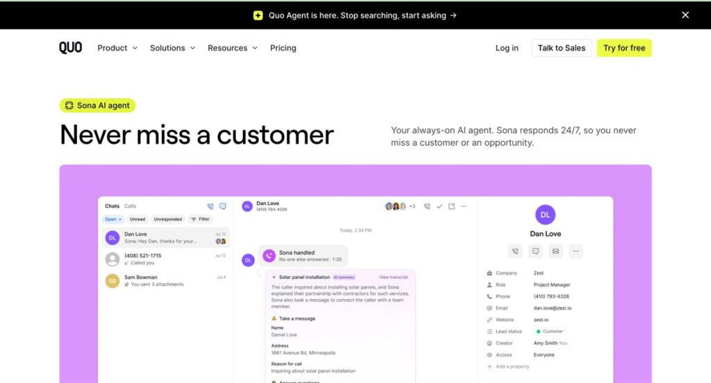 Quo Sona AI agent product page