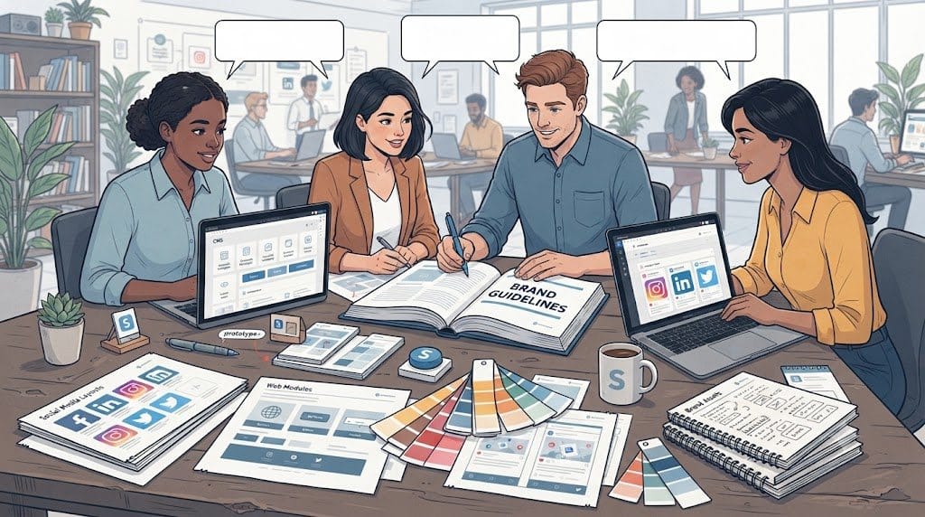 Marketing team reviewing brand guidelines, templates and color swatches around a table