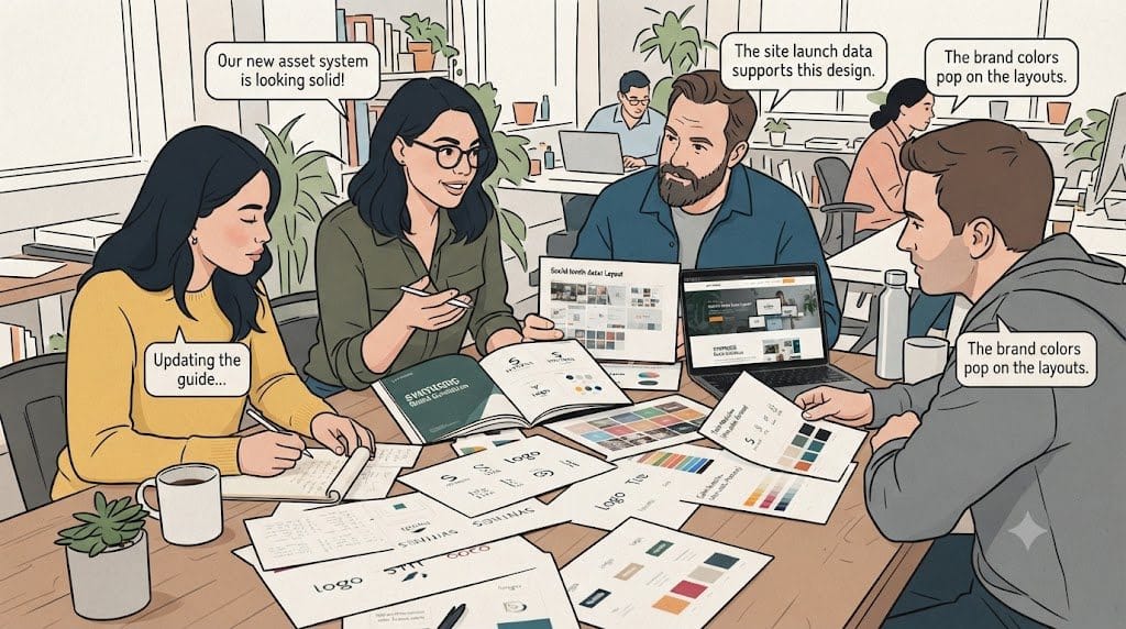 Team reviewing brand guide, logo sheets and reusable layout templates